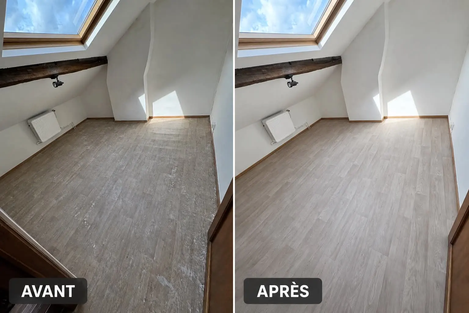 Pièce sous combles nettoyée, sol et murs, avant et après travaux